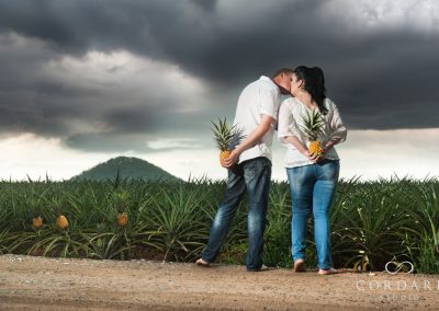 Couple holding pineapples